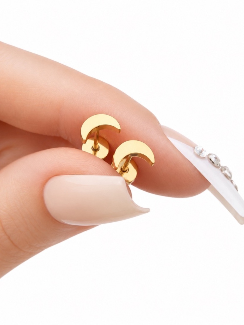 Gold Crescent Moon Flat Back Stud Earrings 20G Stainless Steel - Picture 4 of 5